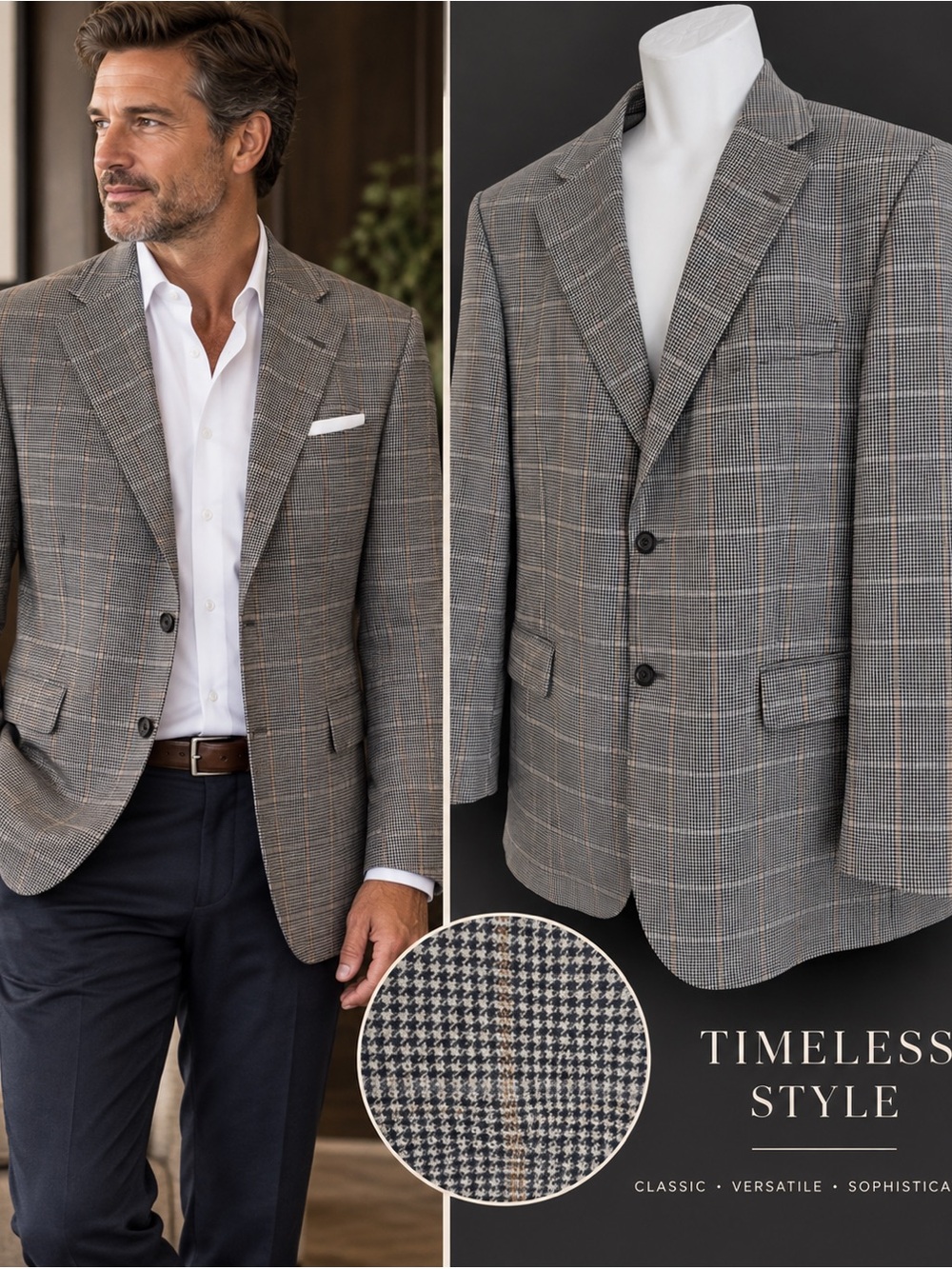 Daks London Men‎ Sport Coat 40R Wool Silk Windowpane Houndstooth Blazer